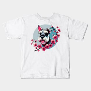 Standard Schnauzer Welcomes Spring with Cherry Blossoms Kids T-Shirt